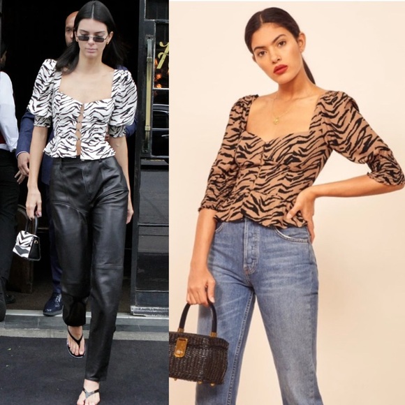 NWT REFORMATION Tiger Stripe Sweetheart Neck Puff Sleeve Peplum Coquette Top 0 - Picture 3 of 8